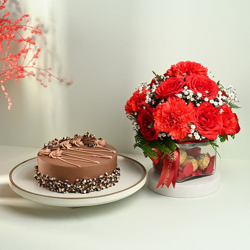 Roses, Carnations in a Square Vase, Ferrero Rocher with Choco Chip Cake