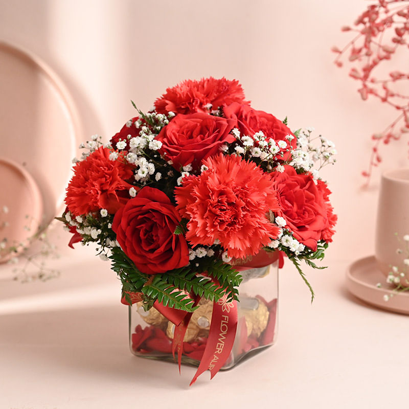 Roses And Carnations in a Square Vase