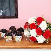 Choco Chip N Pretty Petals Combo - Bunch of 12 Carnations with 6 Choco Chip Cup Cakes