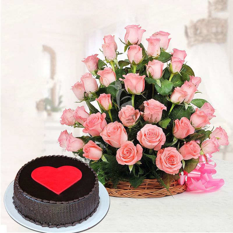 Choco Pink Combo - 30 Pink Roses in a Basket with 1 Kg Chocolate Truffle Cake
