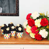 Choco Swirl Floral Combo - Bunch of 12 Mixed Carnations with 6 Chocolate Cup Cakes