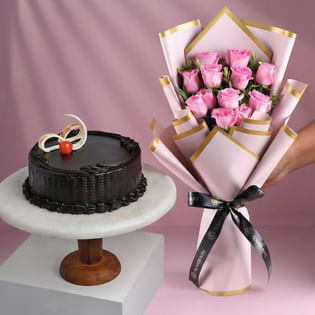 Choco Truffle Cake With Pink Rose Bouquet