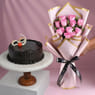 Choco Truffle Cake With Pink Rose Bouquet