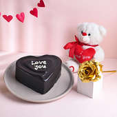 Choco Truffle Heart Cake With Teddy N Golden Rose