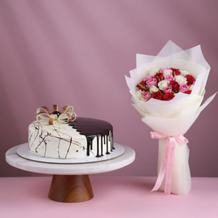 Choco Vanilla Cake With Colourful Roses Bouquet