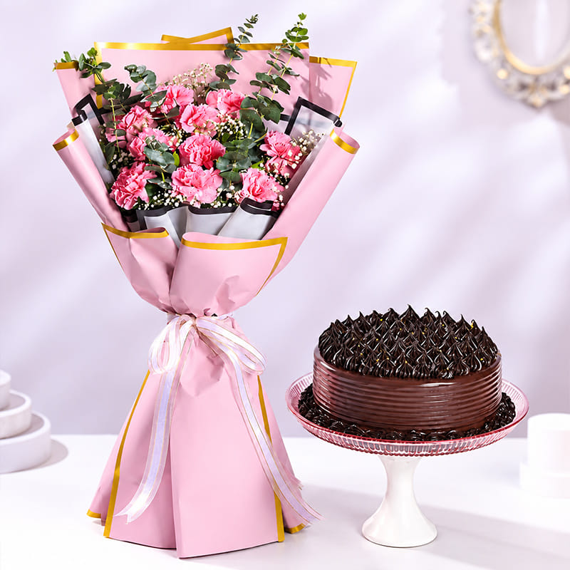 Chocolate Cake With Blushing Carnations