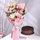 Chocolate cake with Moonlight Blooms bouquet