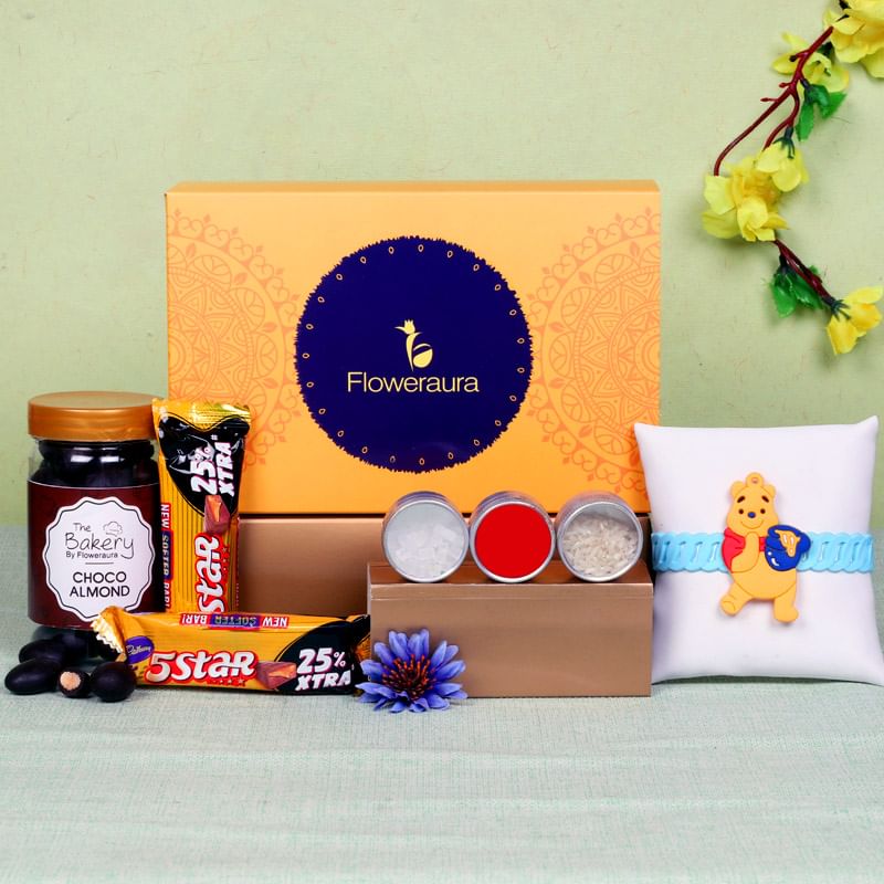 Chocolate Rakhi Signature Box - One Designer Rakhi with Roli and Chawal and Choco Almonds and 2 Cadbury 5 Stars - 19.5gm each and One Floweraura Signature Box