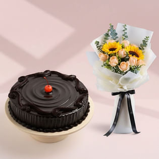 Chocolate Truffle Cake With Roses N Sunflowers