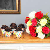 Chocolatey Carnations Combo - Bunch of 12 Mixed Carnations with 6 Choco Chip Cup Cakes