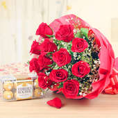 Chocolicious Roses Combo of 12 red roses and 16 Ferrero Rocher chocolates for lovers