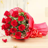 Side view of 12 red roses in Chocolicious Roses Combo