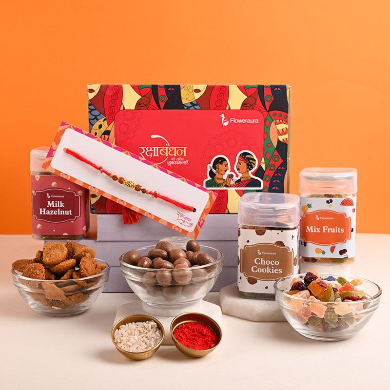 Order Divine Rakhi For Brother With Dry Fruits Online - Chocolious N Fruity Divine Rudraksha Rakhi Hamper