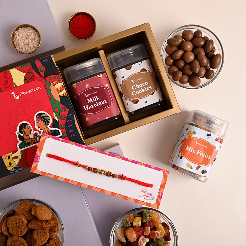 Send Divine Rakhi With Dry Fruits For Brother Online - Chocolious N Fruity Divine Rudraksha Rakhi Hamper