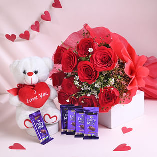 Bunch of 10 Red Roses, 9 Inches White Teddy and 5 Cadbury Dairy Milk Chocolate 