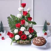 Christmas Plum Cake With Red And White Rose Bouquet
