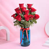 Bunch Of 12 Red Roses In Blue Vase
