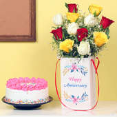 Colorful Magic: Bouquet of 12 Mixed Roses and Vanilla Cake