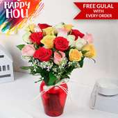 Colorful Roses in Red Vase for Holi