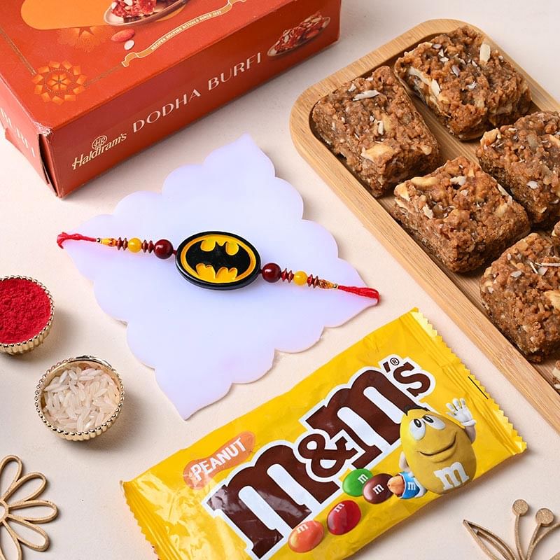 Colourful Batman Theme Rakhi With Haldirams Dodha Barfi