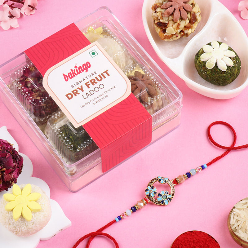 Colourful Floral Rakhi With Dryfruit Laddoos-Singapore