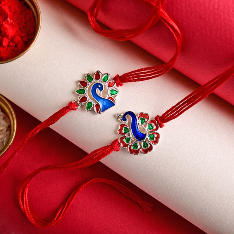 Send Peacock rakhi For Brother Online - Colourful Glossy Minakari Peacock Rakhi Duo