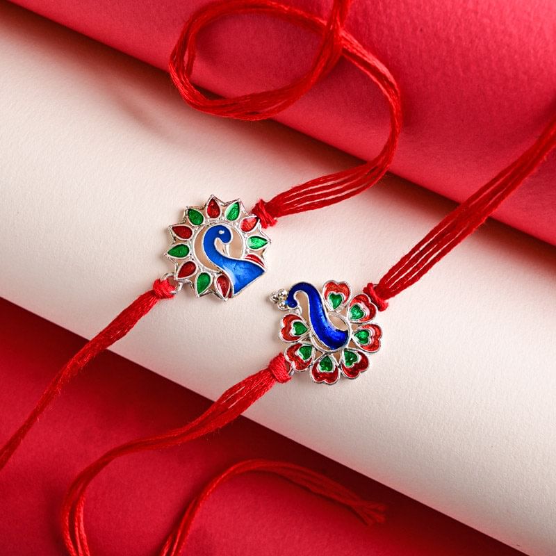 Order Peacock rakhi Online For Brother - Colourful Glossy Minakari Peacock Rakhi Duo