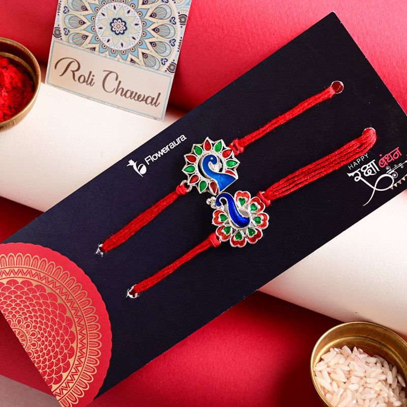 Buy Colourful Glossy Minakari Peacock Rakhi Duo - Online Peacock rakhi For Brother