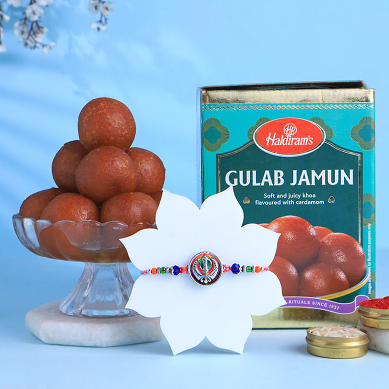 Colourful Khanda Rakhi With Gulab Jamun