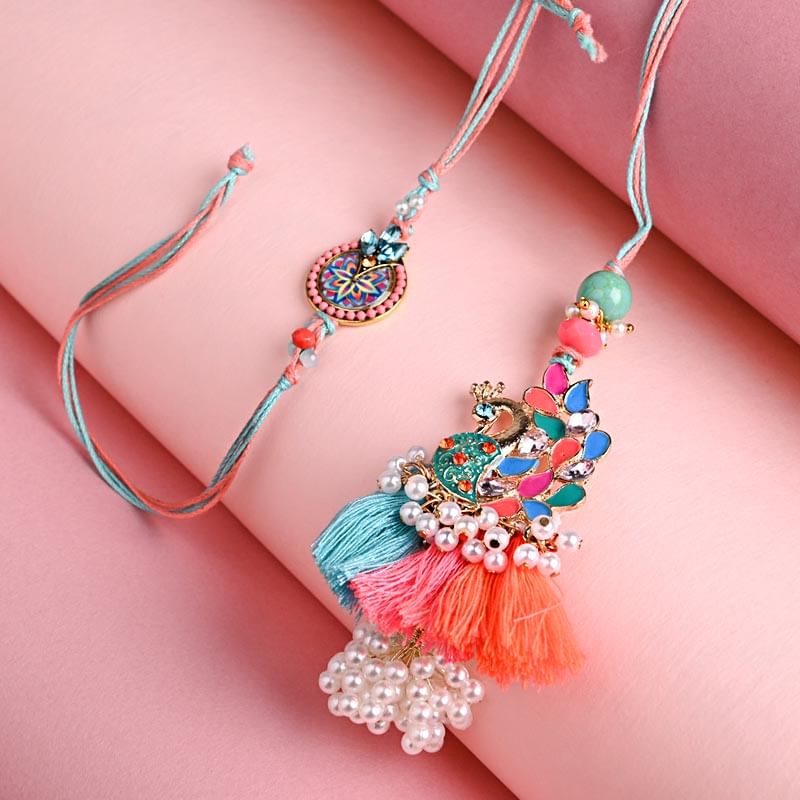 Order Pearl Rakhi for Bhaiya bhabhi online - Colourful Peacock N Floral Rakhi set