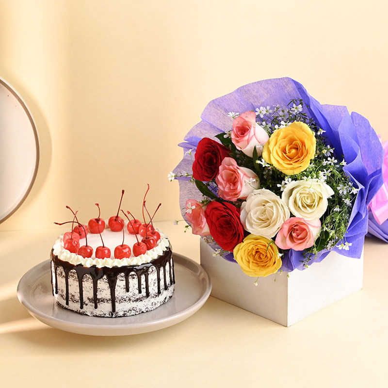 Colourful Rose Elegance With Black Forest Cake