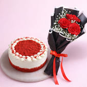 Red Velvet Half Kg Cake And 3 Roses Bouquet