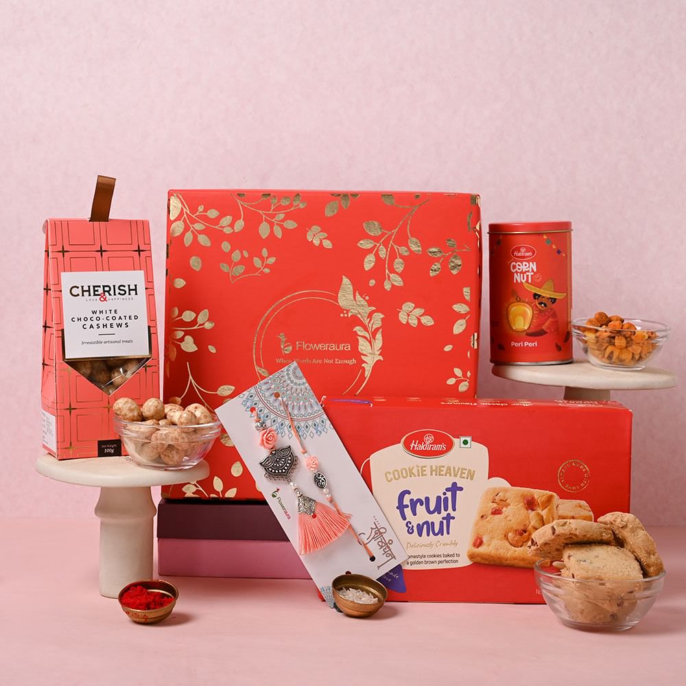 Buy Cookie With Nuts N Couple Rakhi online For Bhaiya bhabhi