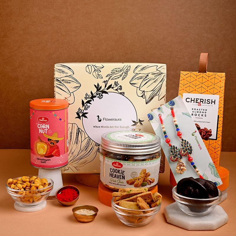 Buy Cookies Almond N Nuts with Mor Morni Couple Rakhi online For Bhaiya bhabhi