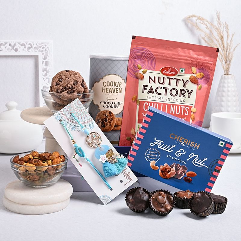 Buy Set of 2 Rakhi Online For Brother with Dry Fruits - Chilli Nuts N Choco Chip Cookies With Designer Rakhis