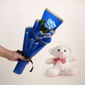 Cool Blue Rose With Cuddly Teddy