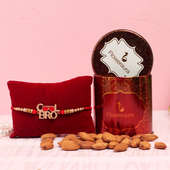 Cool Bro Almonds Rakhi Combo - One Designer Rakhi with Complimentary Roli and Chawal and 100gm Almonds in Red Floweraura Container