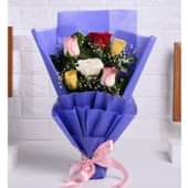 6 Mix Roses In Purple Nonwoven Paper With Pink Fa Ribbon