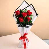 Fresh 5 Red Roses Bouquet in White Wrap