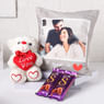 Personalised Cushion With Teddy And Chocolates