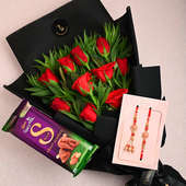 Couple Rakhi Set With Rose Bouquet And Dairy Milk Silk