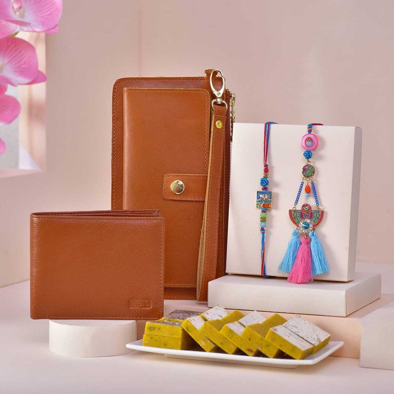 Couple Rakhi With Clutch Wallet N Kaju Kesar Burfi