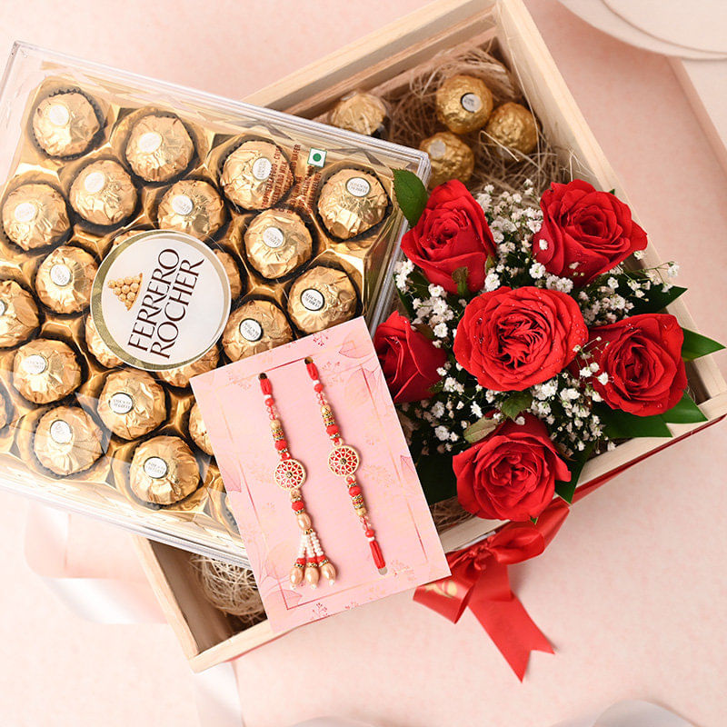 Couple Rakhi With Ferrero Rocher N Roses