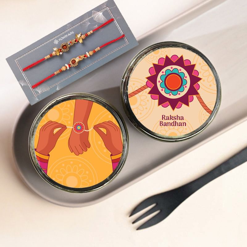Rudraksha Couple Rakhis N Two Chocolate Jar Cakes