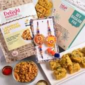 Couple Rakhi With Sev Badaam Pak N Lakhnavi Mix