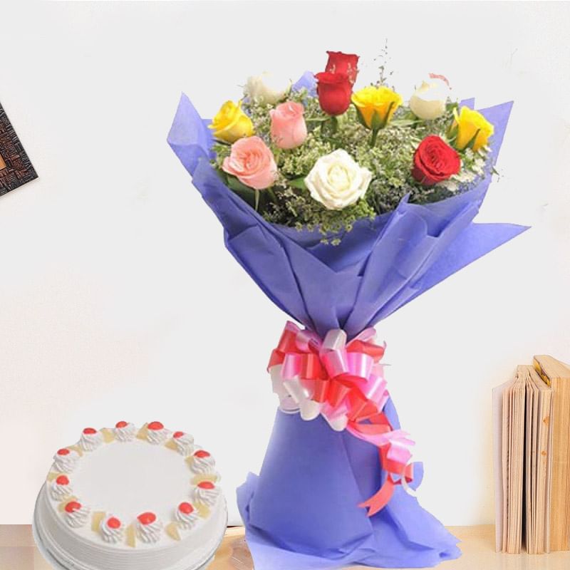 A Rose Bouquet With Delicious Cake