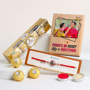 Crimson Rakhi With Personalised Wooden Plank N Rocher