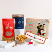 Crimson Rakhi With Wooden Plank Almonds N Caramel Popcorn