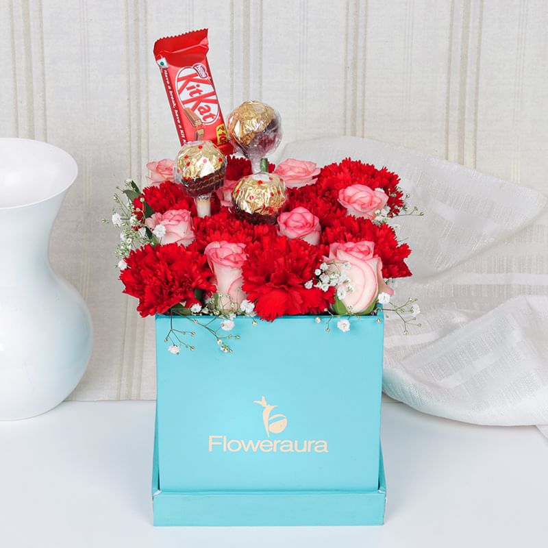 Crimson Red Choco Love Of Red carnation, Roses And Chocolates
