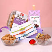Set of 3 Rakhi Set Online Delivery - Crispy Savoury Mathi N Choco Fruit N Nut Rocks With Vibrant Rakhi Trio